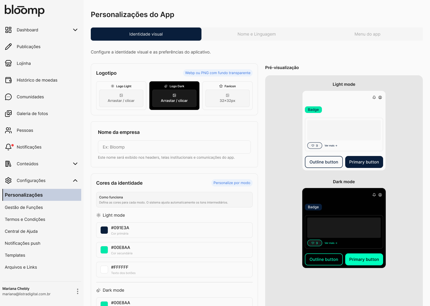 Admin Bloomp após o redesign com design system aplicado