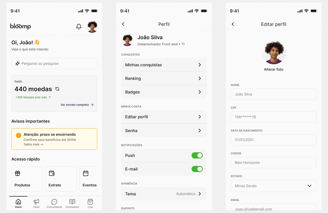App Bloomp após o redesign com design system completo