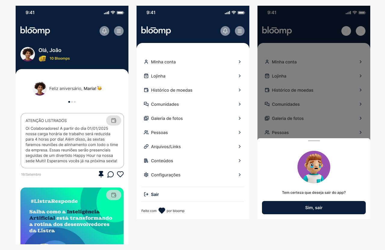 App Bloomp antes do redesign — style guide apenas